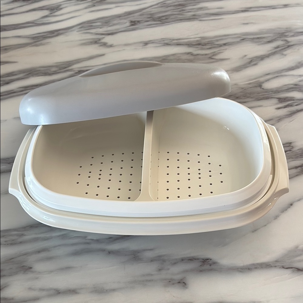 Vtg Tupperware Microwave Vegetable Rice Steamer Server; 4 Pc; Grey, #1273-3 1274